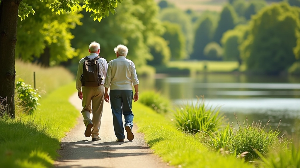 Older couple walking peacefully along a riverside path in natural setting