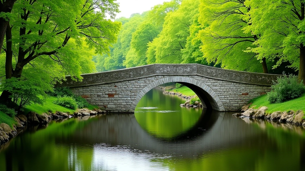Beaufort Bridge crossing the Laune River with calm water reflecting trees and sky, grassy banks on both sides