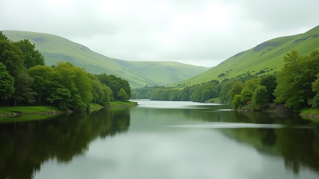 Peaceful riverside landscape in Kerry with green banks and calm water reflecting surrounding hills
