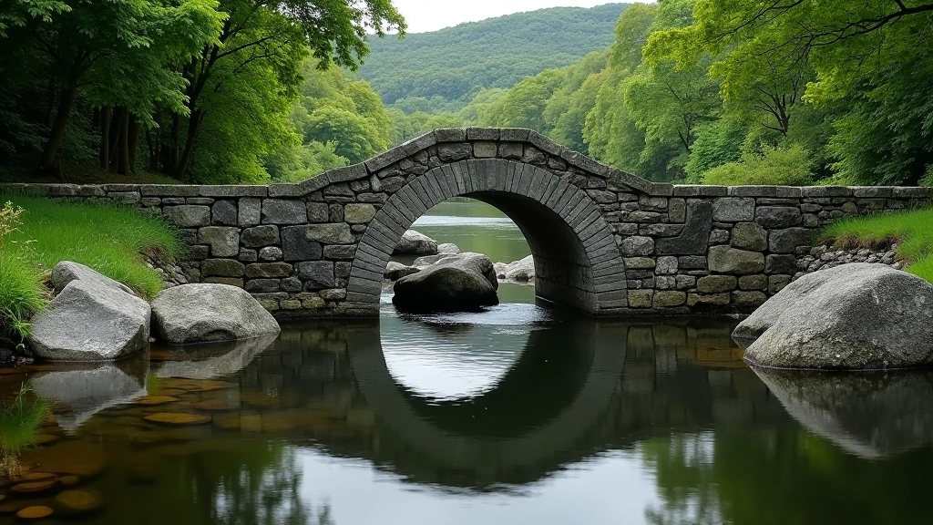 Weir pool reflecting sky with smooth rocks and natural stone formations