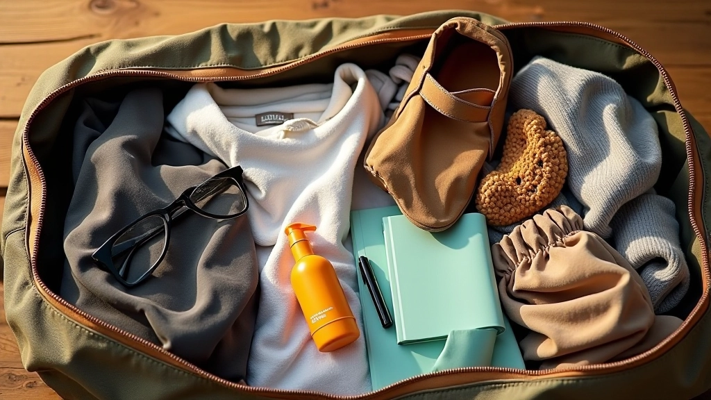 Packed travel bag with comfortable clothing, layers, walking shoes, sunscreen and essentials for riverside relaxation